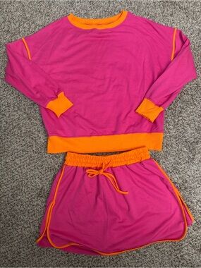 Hot Pink & Orange Two-Piece Set sweatshirt and skirt with built in shorts